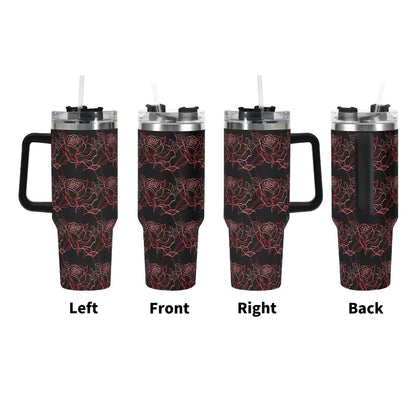 Red Light Rose 40oz Stainless Steel Tumbler Gift With Black Handle and Straw - DeRose Seasonal