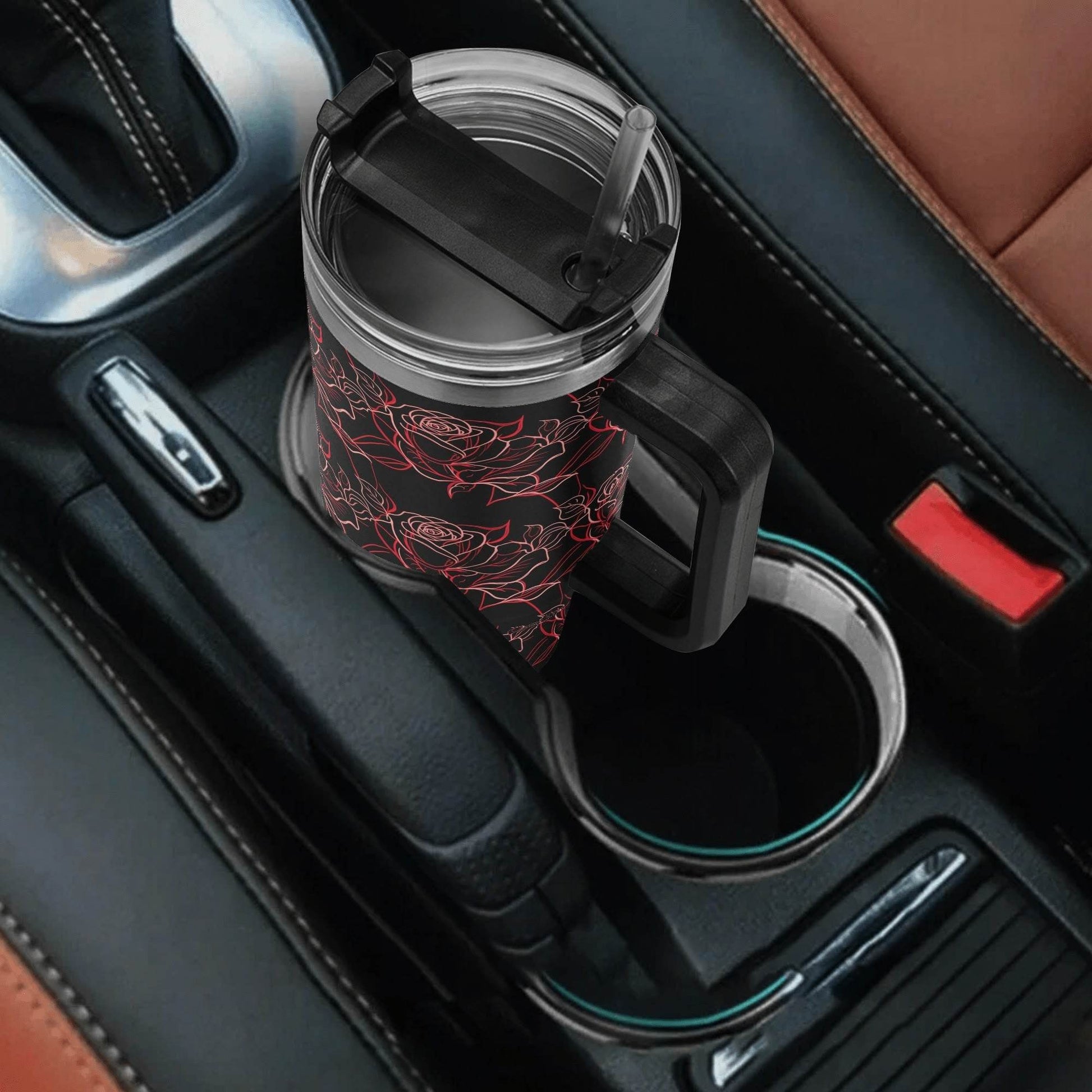 Red Light Rose 40oz Stainless Steel Tumbler Gift With Black Handle and Straw - DeRose Seasonal