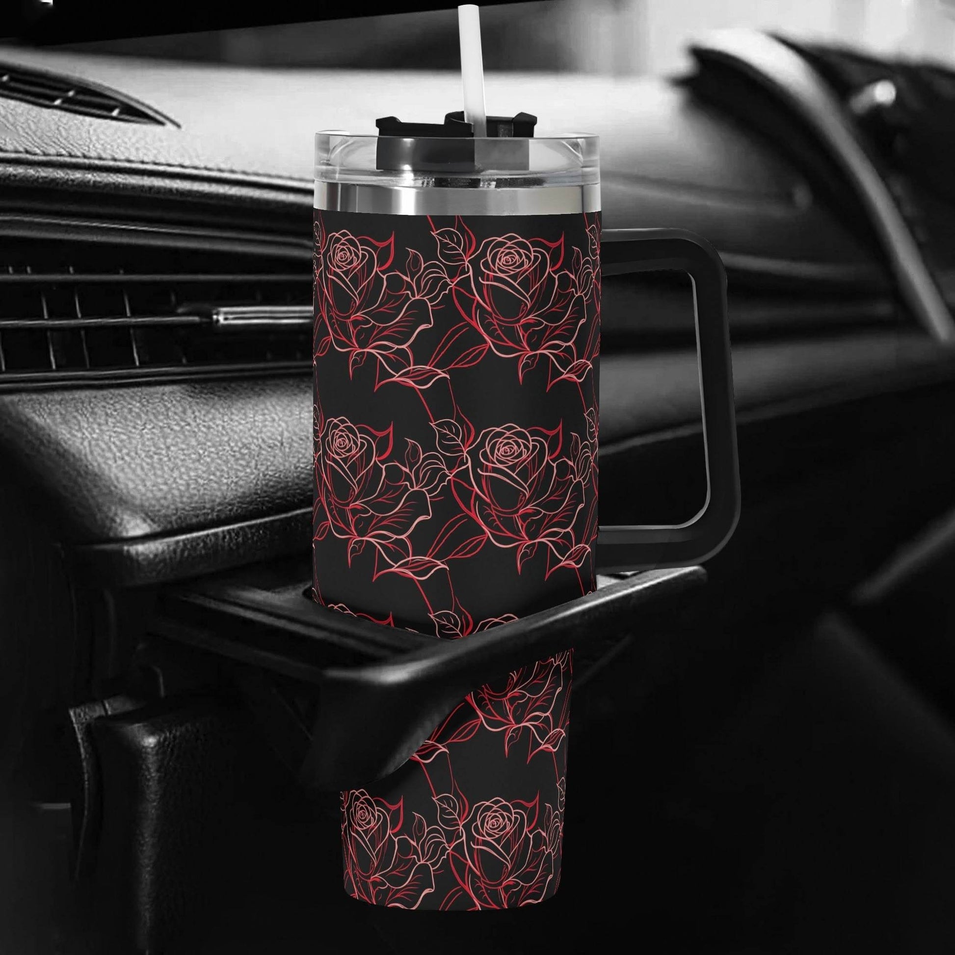Red Light Rose 40oz Stainless Steel Tumbler Gift With Black Handle and Straw - DeRose Seasonal