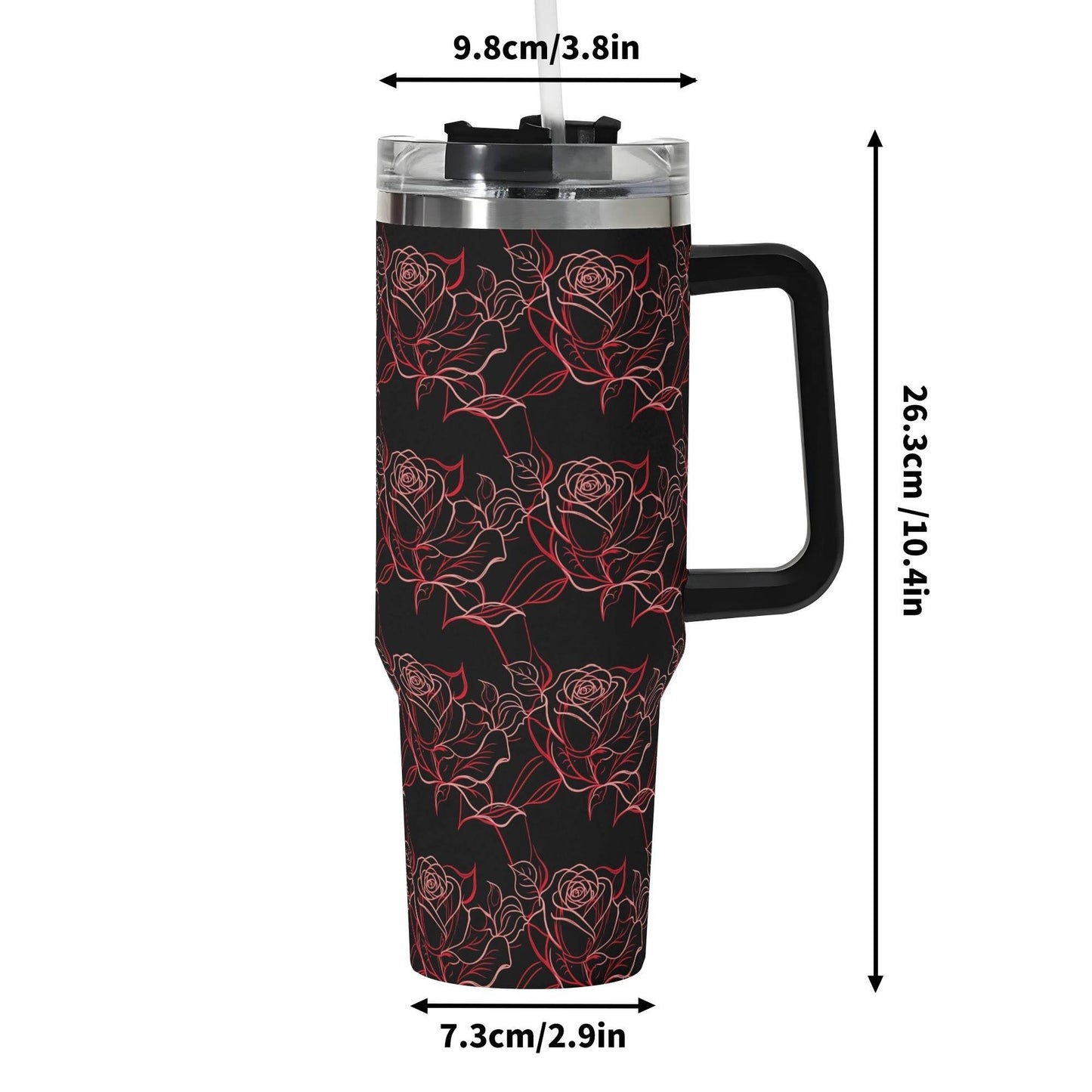 Red Light Rose 40oz Stainless Steel Tumbler Gift With Black Handle and Straw - DeRose Seasonal