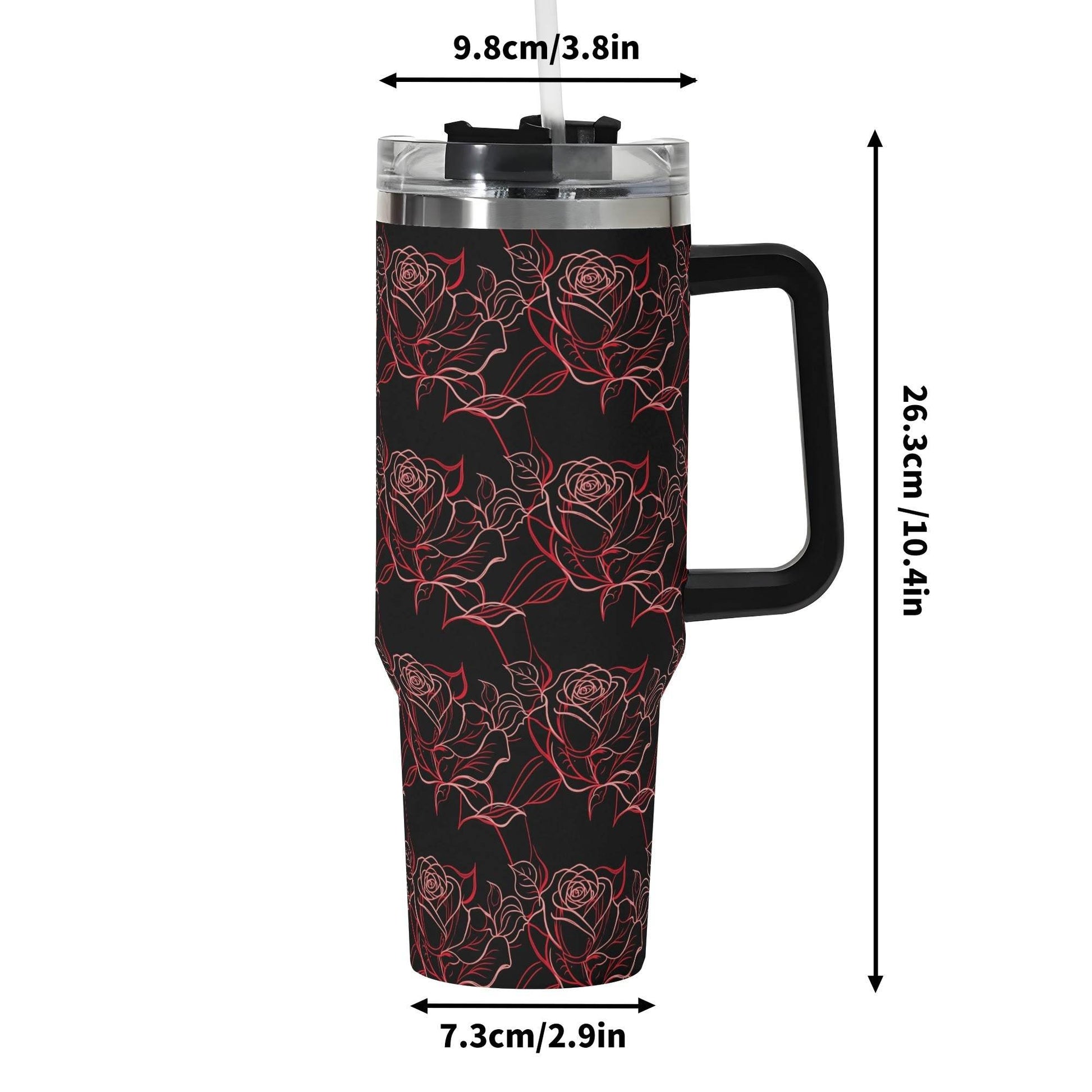 Red Light Rose 40oz Stainless Steel Tumbler Gift With Black Handle and Straw - DeRose Seasonal