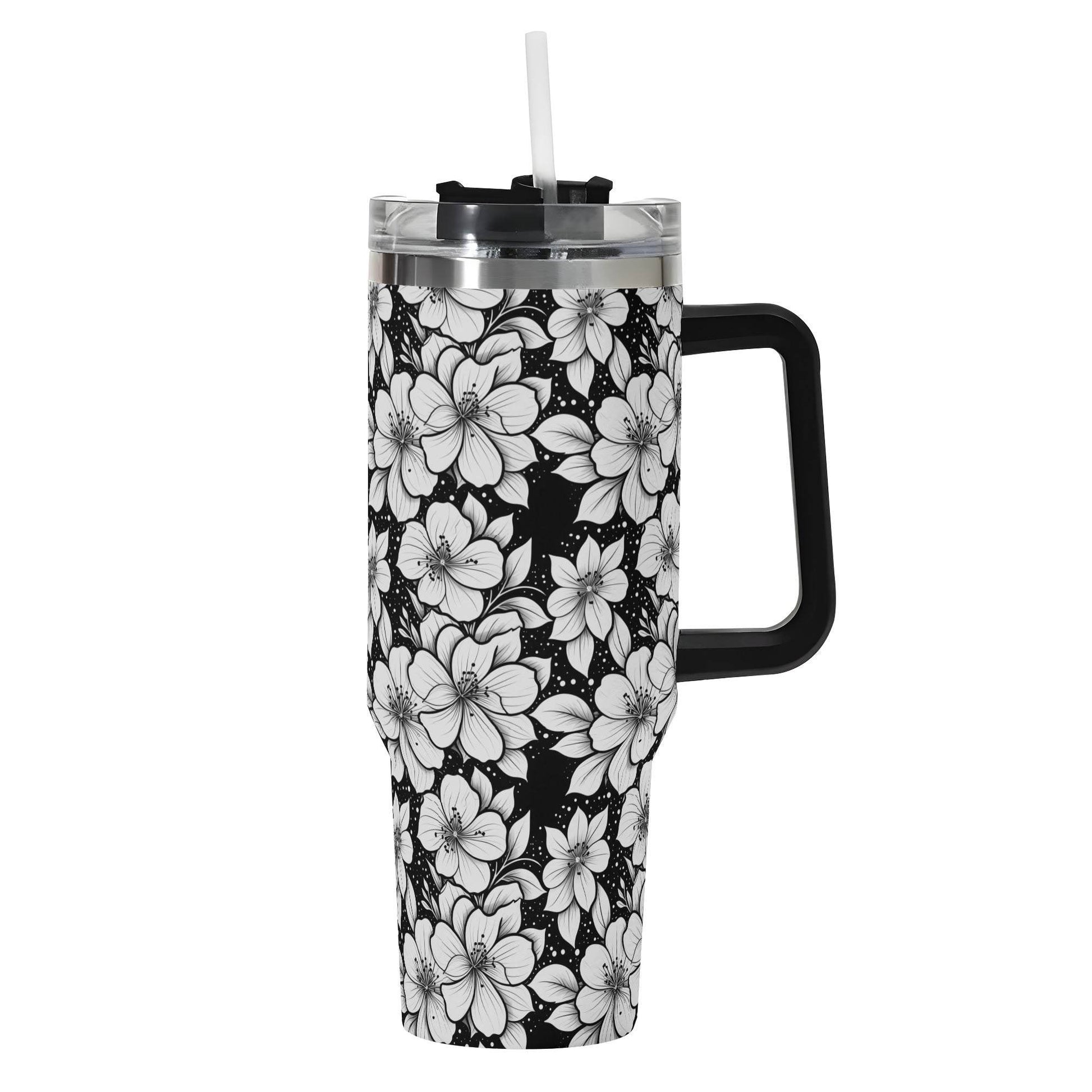 Black and White Floral 40oz Stainless Steel Tumbler Gift With Black Handle and Straw - DeRose Seasonal