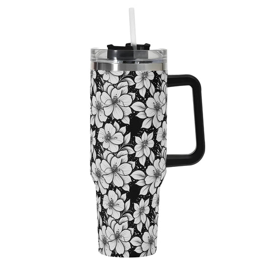 Black and White Floral 40oz Stainless Steel Tumbler Gift With Black Handle and Straw - DeRose Seasonal