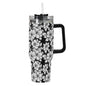 Black and White Floral 40oz Stainless Steel Tumbler Gift With Black Handle and Straw - DeRose Seasonal