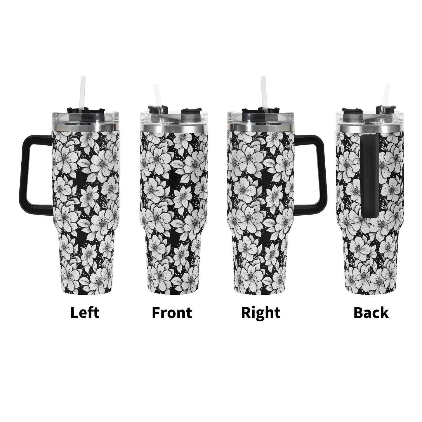 Black and White Floral 40oz Stainless Steel Tumbler Gift With Black Handle and Straw - DeRose Seasonal