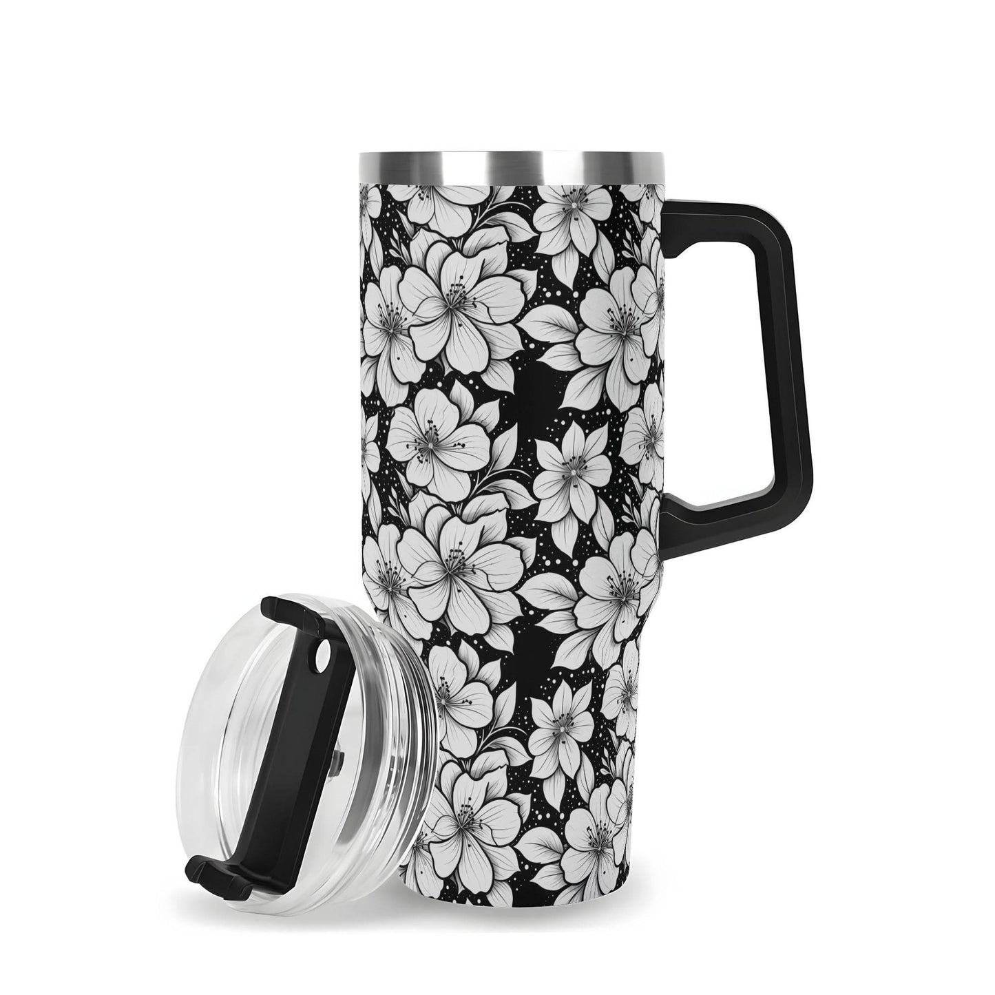 Black and White Floral 40oz Stainless Steel Tumbler Gift With Black Handle and Straw - DeRose Seasonal