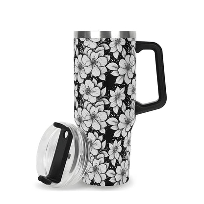 Black and White Floral 40oz Stainless Steel Tumbler Gift With Black Handle and Straw - DeRose Seasonal