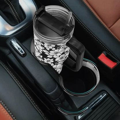 Black and White Floral 40oz Stainless Steel Tumbler Gift With Black Handle and Straw - DeRose Seasonal