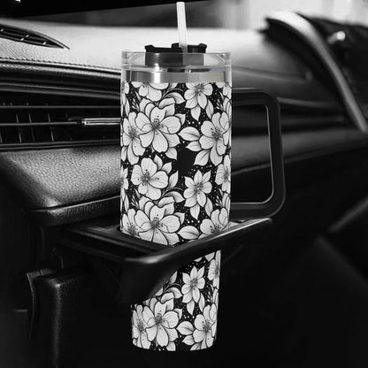 Black and White Floral 40oz Stainless Steel Tumbler Gift With Black Handle and Straw - DeRose Seasonal