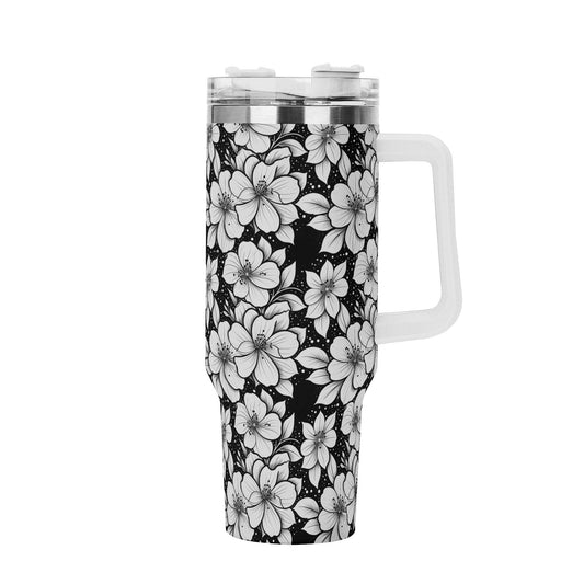 Black and White Floral 40oz Stainless Steel Tumbler Gift With White Handle and Straw - DeRose Seasonal