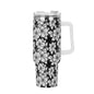 Black and White Floral 40oz Stainless Steel Tumbler Gift With White Handle and Straw - DeRose Seasonal