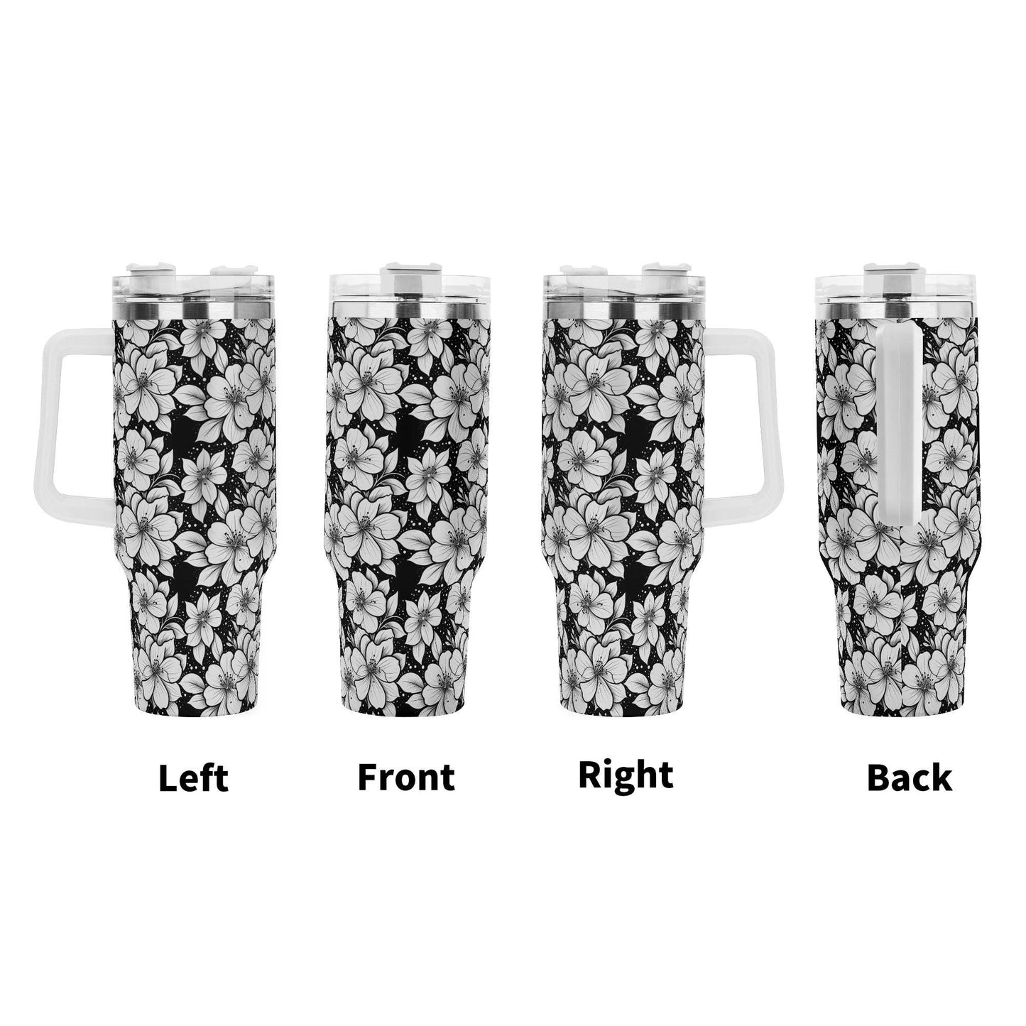 Black and White Floral 40oz Stainless Steel Tumbler Gift With White Handle and Straw - DeRose Seasonal