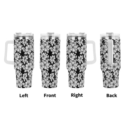 Black and White Floral 40oz Stainless Steel Tumbler Gift With White Handle and Straw - DeRose Seasonal