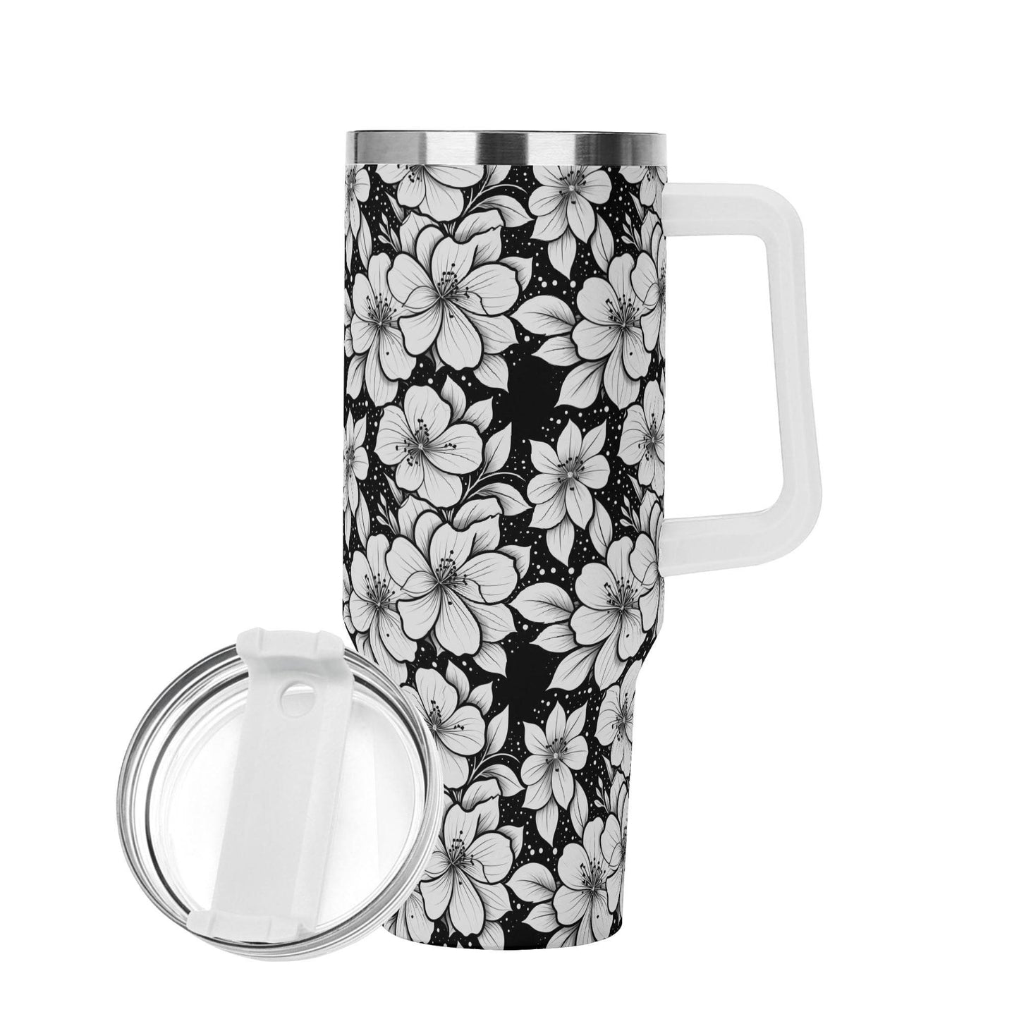 Black and White Floral 40oz Stainless Steel Tumbler Gift With White Handle and Straw - DeRose Seasonal