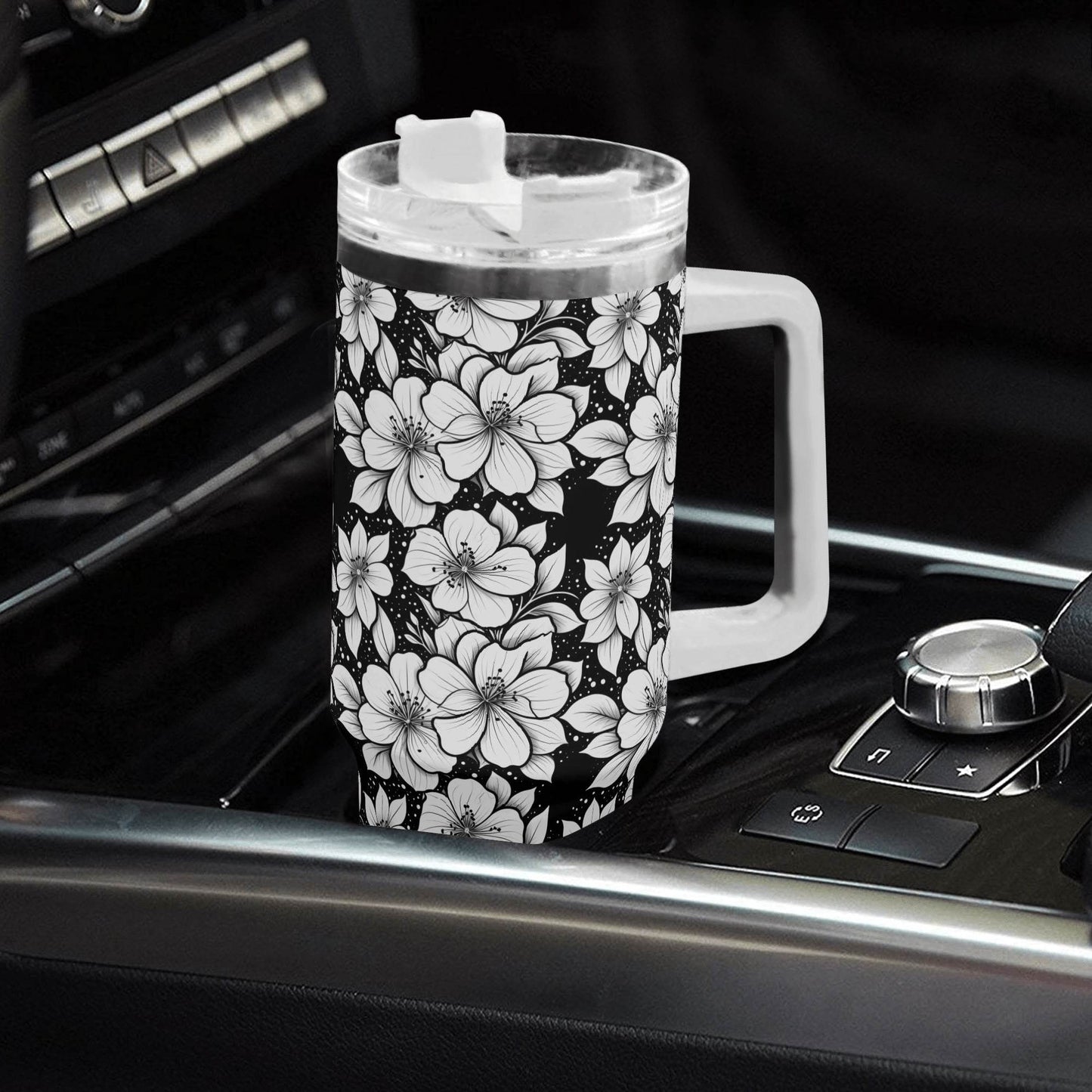Black and White Floral 40oz Stainless Steel Tumbler Gift With White Handle and Straw - DeRose Seasonal