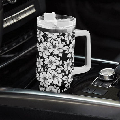 Black and White Floral 40oz Stainless Steel Tumbler Gift With White Handle and Straw - DeRose Seasonal