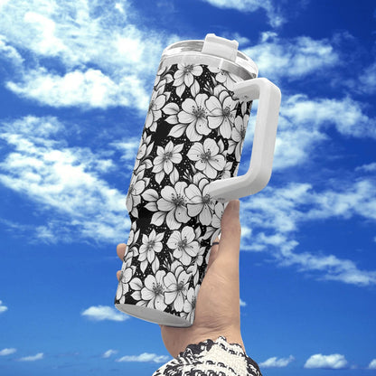 Black and White Floral 40oz Stainless Steel Tumbler Gift With White Handle and Straw - DeRose Seasonal
