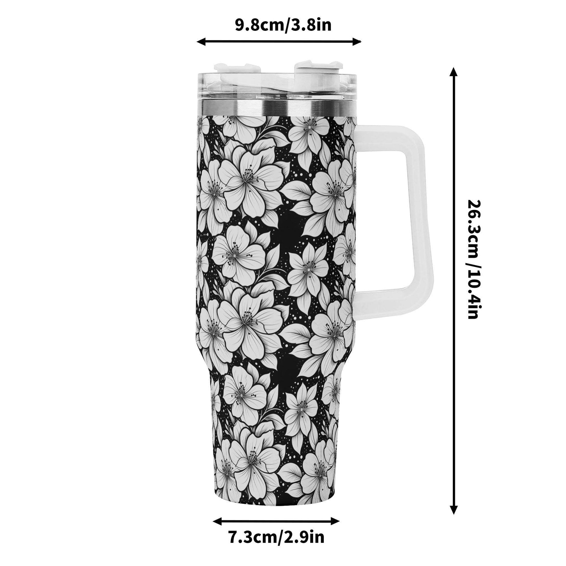 Black and White Floral 40oz Stainless Steel Tumbler Gift With White Handle and Straw - DeRose Seasonal