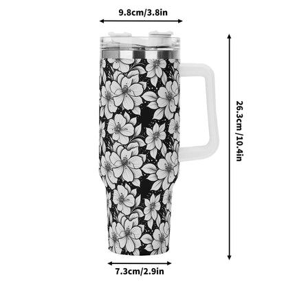 Black and White Floral 40oz Stainless Steel Tumbler Gift With White Handle and Straw - DeRose Seasonal