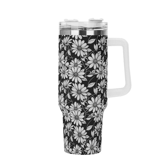 Black and White Daisys 40oz Stainless Steel Tumbler Gift With White Handle and Straw - DeRose Seasonal