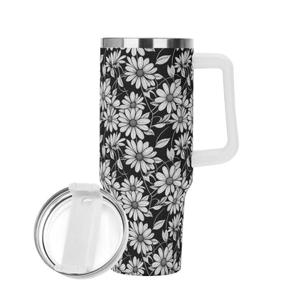 Black and White Daisys 40oz Stainless Steel Tumbler Gift With White Handle and Straw - DeRose Seasonal
