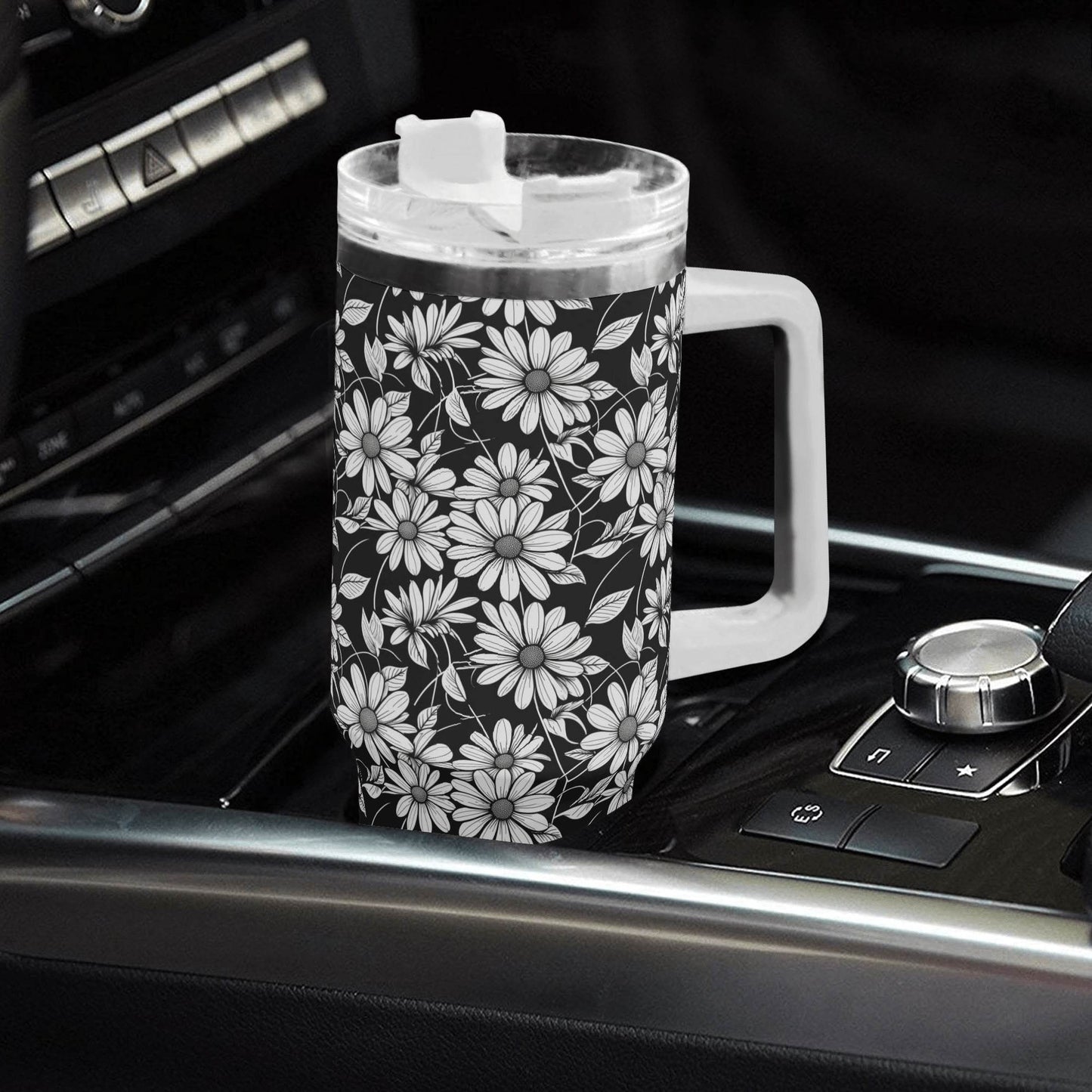 Black and White Daisys 40oz Stainless Steel Tumbler Gift With White Handle and Straw - DeRose Seasonal