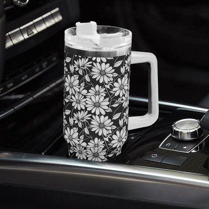 Black and White Daisys 40oz Stainless Steel Tumbler Gift With White Handle and Straw - DeRose Seasonal