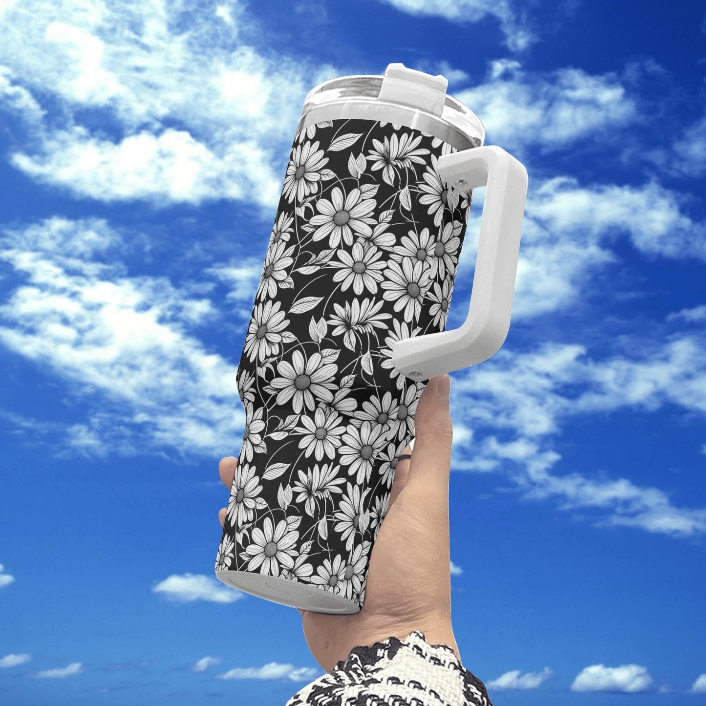 Black and White Daisys 40oz Stainless Steel Tumbler Gift With White Handle and Straw - DeRose Seasonal
