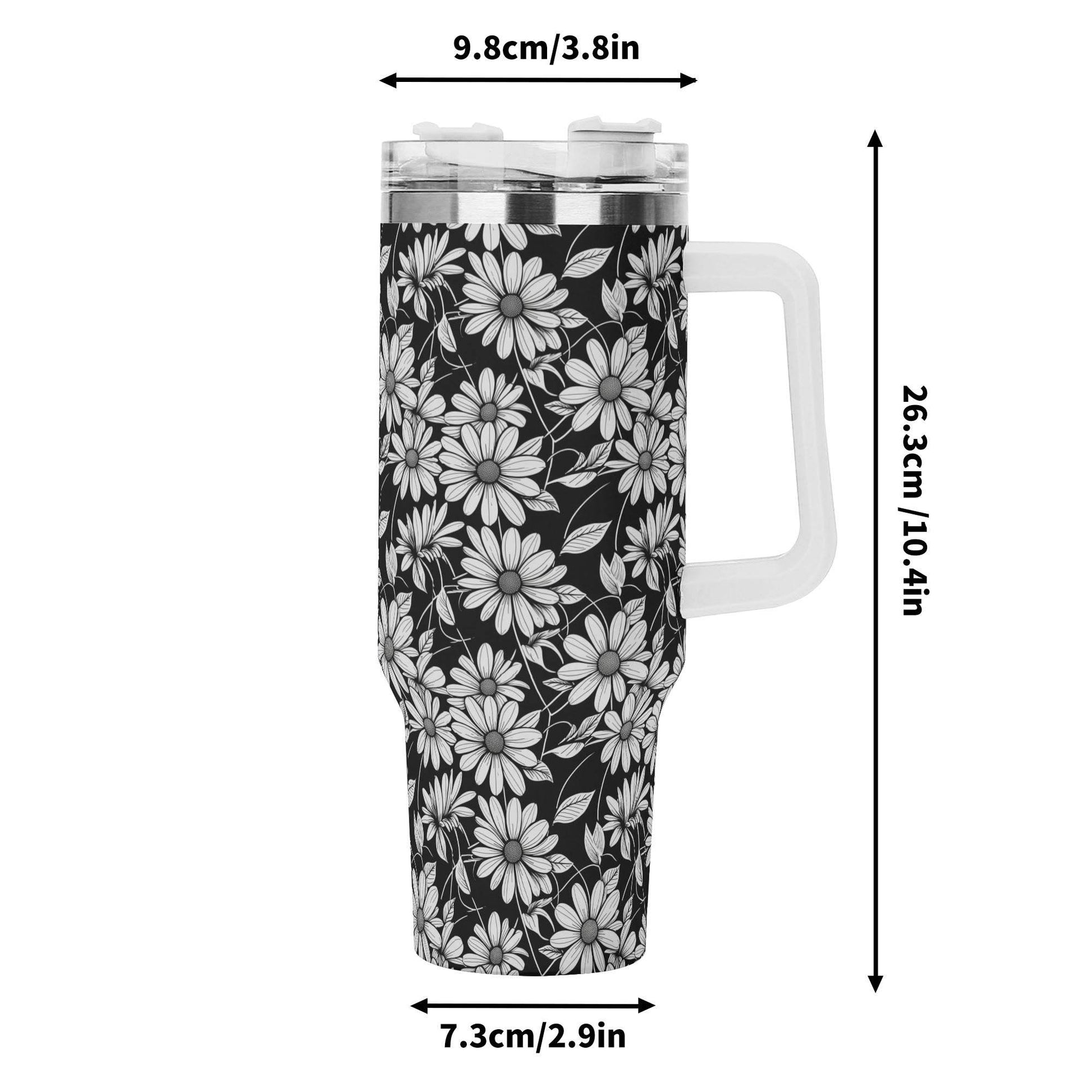 Black and White Daisys 40oz Stainless Steel Tumbler Gift With White Handle and Straw - DeRose Seasonal