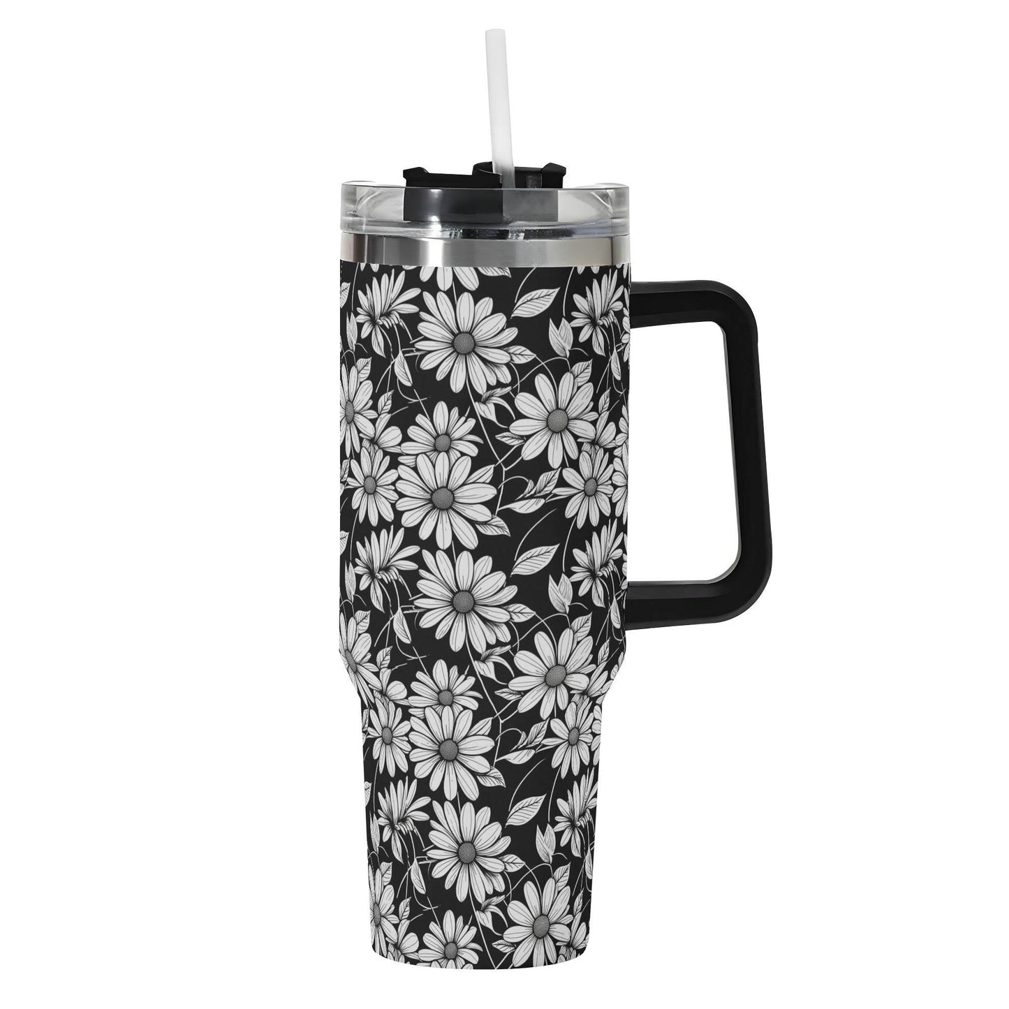 Black and White Daisys 40oz Stainless Steel Tumbler Gift With Black Handle and Straw - DeRose Seasonal