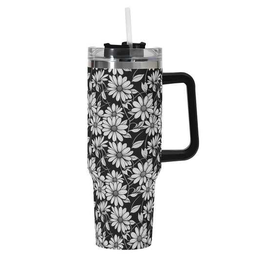 Black and White Daisys 40oz Stainless Steel Tumbler Gift With Black Handle and Straw - DeRose Seasonal