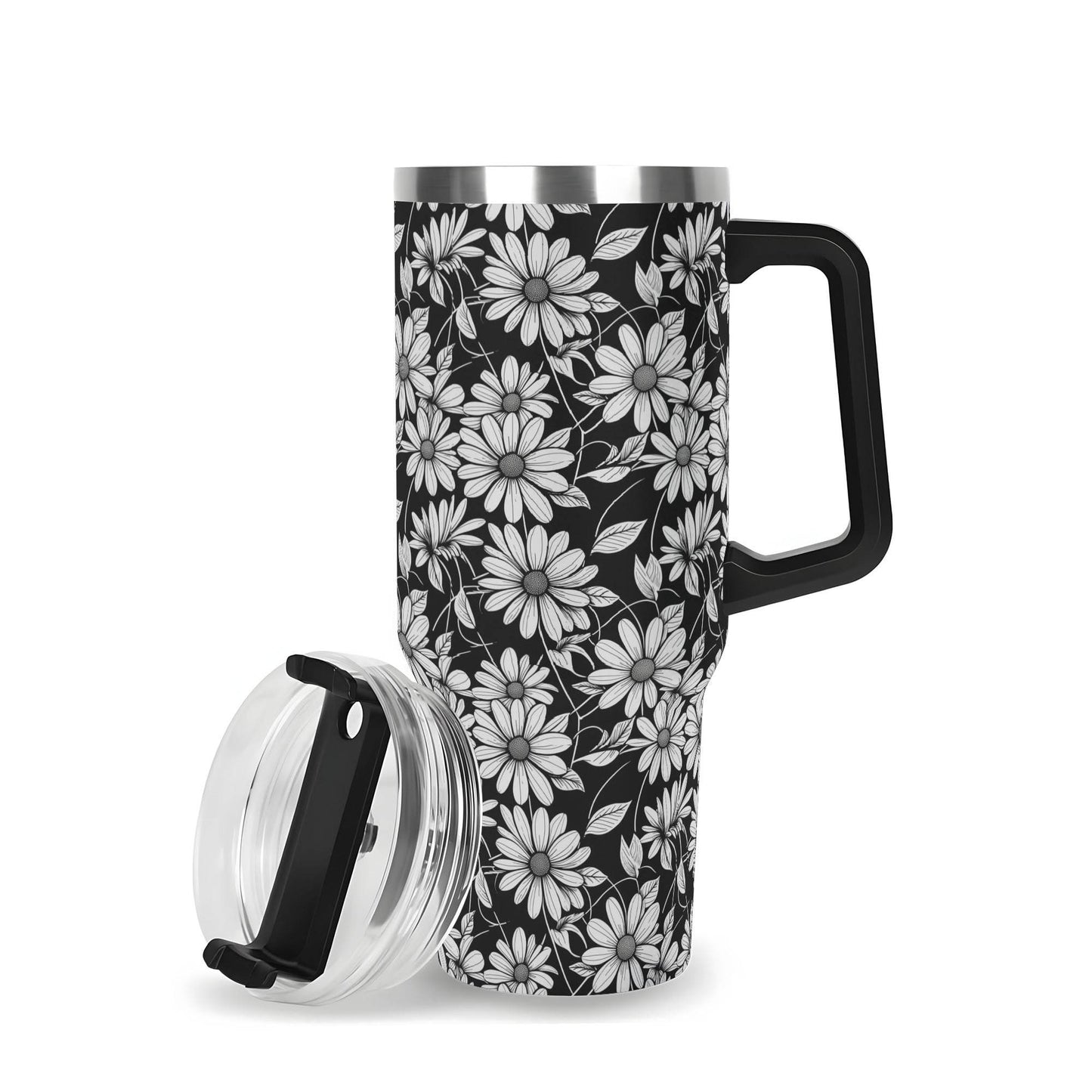 Black and White Daisys 40oz Stainless Steel Tumbler Gift With Black Handle and Straw - DeRose Seasonal