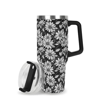 Black and White Daisys 40oz Stainless Steel Tumbler Gift With Black Handle and Straw - DeRose Seasonal