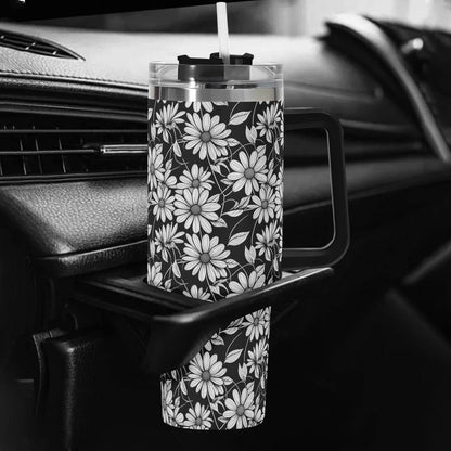Black and White Daisys 40oz Stainless Steel Tumbler Gift With Black Handle and Straw - DeRose Seasonal