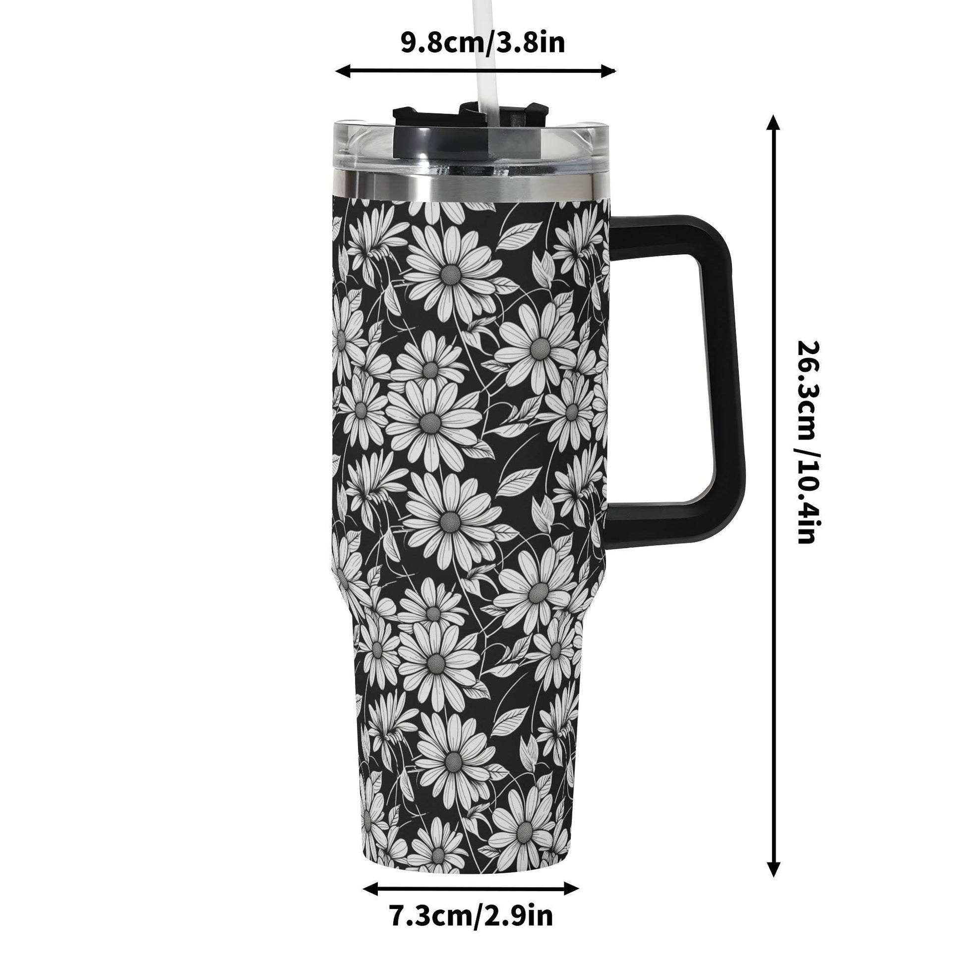 Black and White Daisys 40oz Stainless Steel Tumbler Gift With Black Handle and Straw - DeRose Seasonal