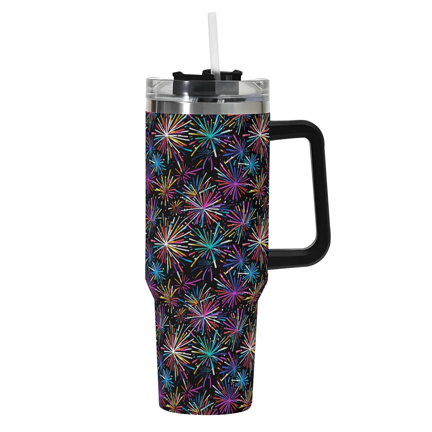 Sharp Fireworks 40oz Stainless Steel Tumbler Gift With Black Handle and Straw - DeRose Seasonal