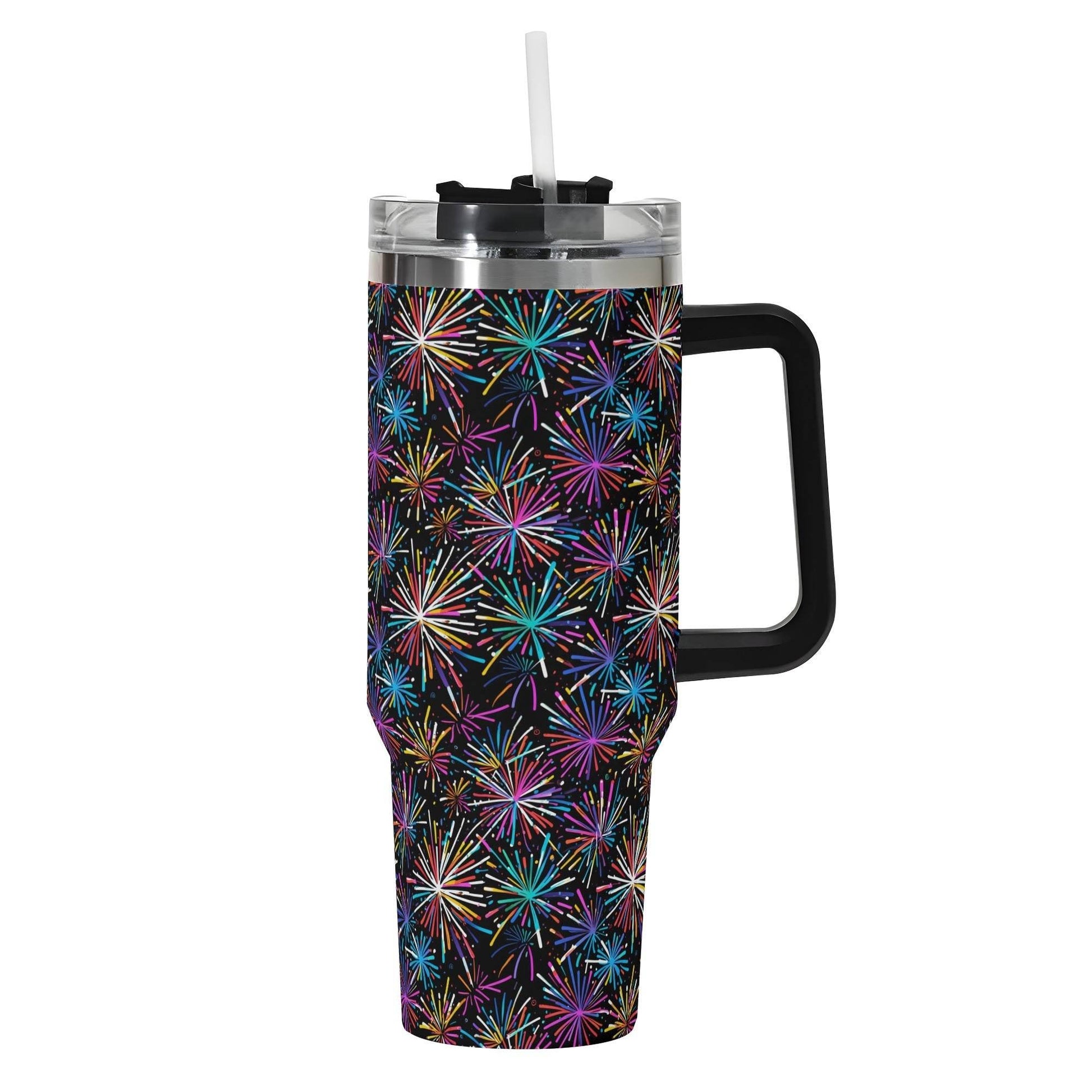 Sharp Fireworks 40oz Stainless Steel Tumbler Gift With Black Handle and Straw - DeRose Seasonal