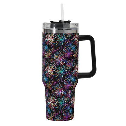 Sharp Fireworks 40oz Stainless Steel Tumbler Gift With Black Handle and Straw - DeRose Seasonal