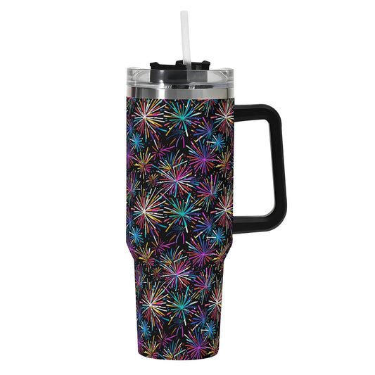Sharp Fireworks 40oz Stainless Steel Tumbler Gift With Black Handle and Straw - DeRose Seasonal