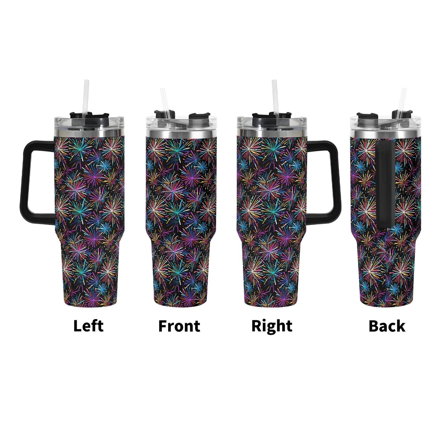 Sharp Fireworks 40oz Stainless Steel Tumbler Gift With Black Handle and Straw - DeRose Seasonal