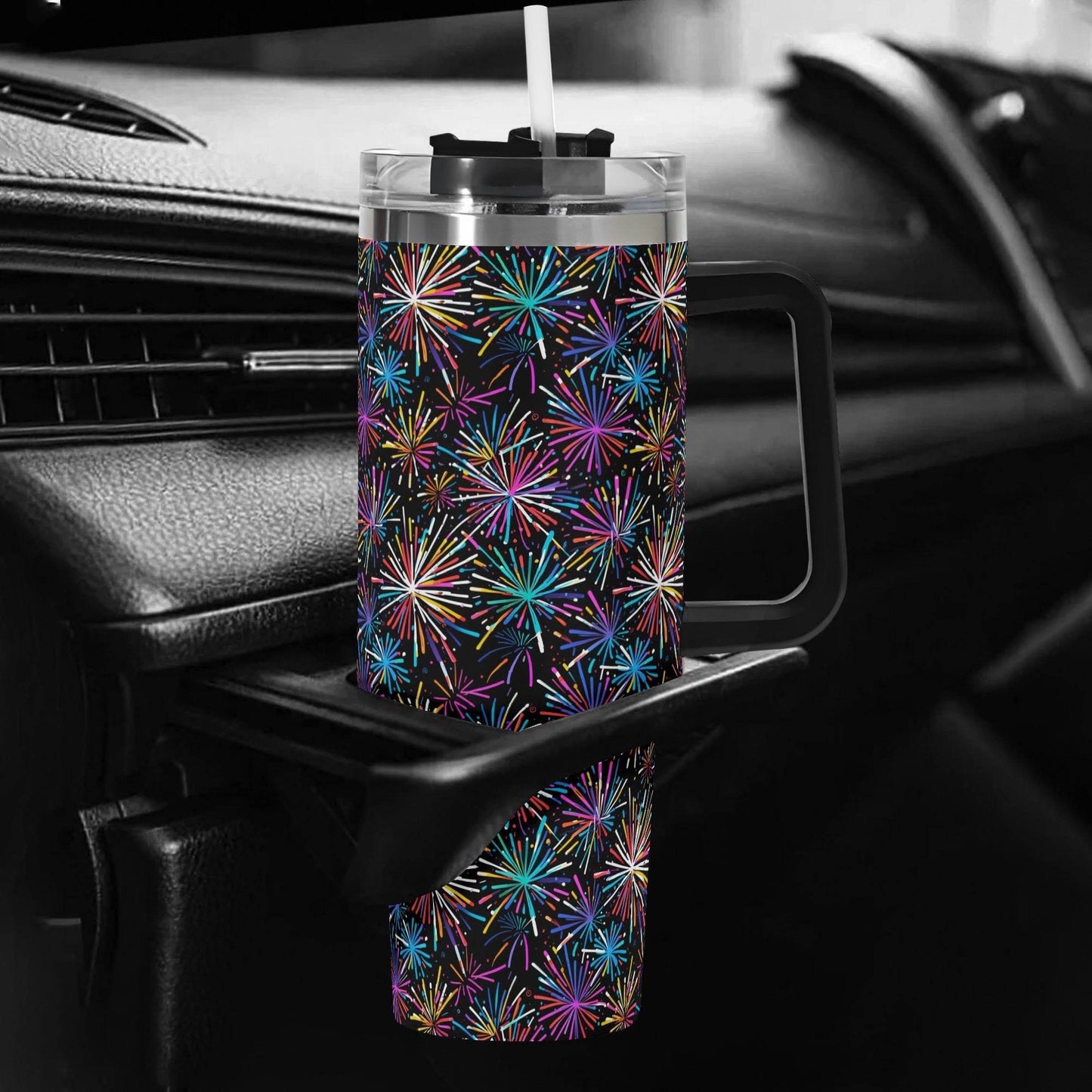 Sharp Fireworks 40oz Stainless Steel Tumbler Gift With Black Handle and Straw - DeRose Seasonal