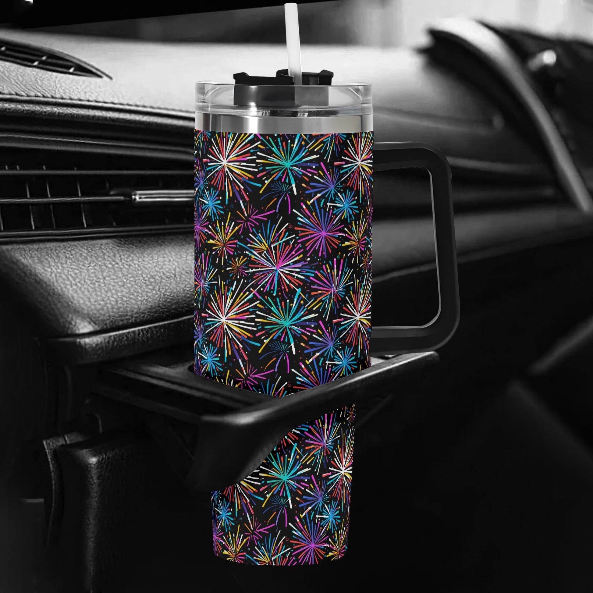 Sharp Fireworks 40oz Stainless Steel Tumbler Gift With Black Handle and Straw - DeRose Seasonal