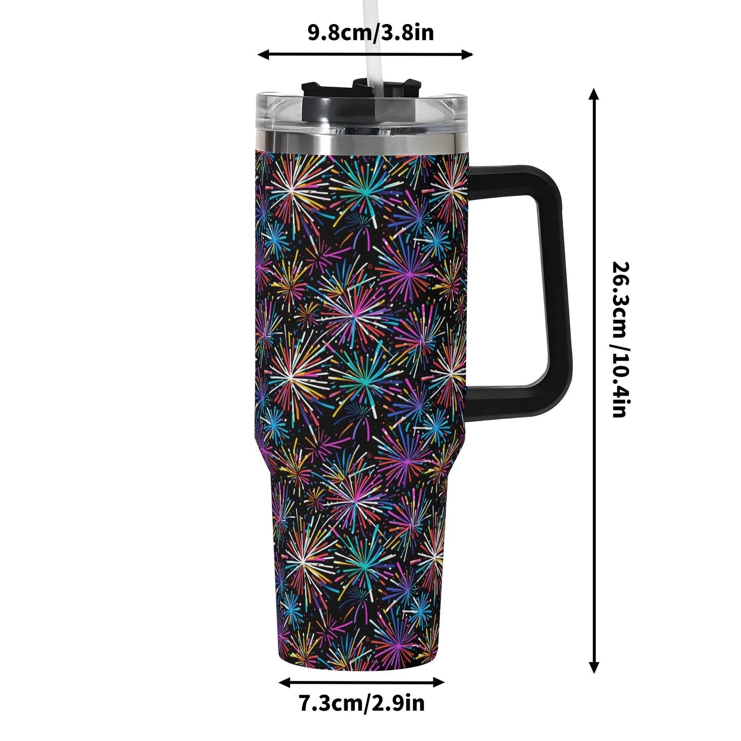 Sharp Fireworks 40oz Stainless Steel Tumbler Gift With Black Handle and Straw - DeRose Seasonal