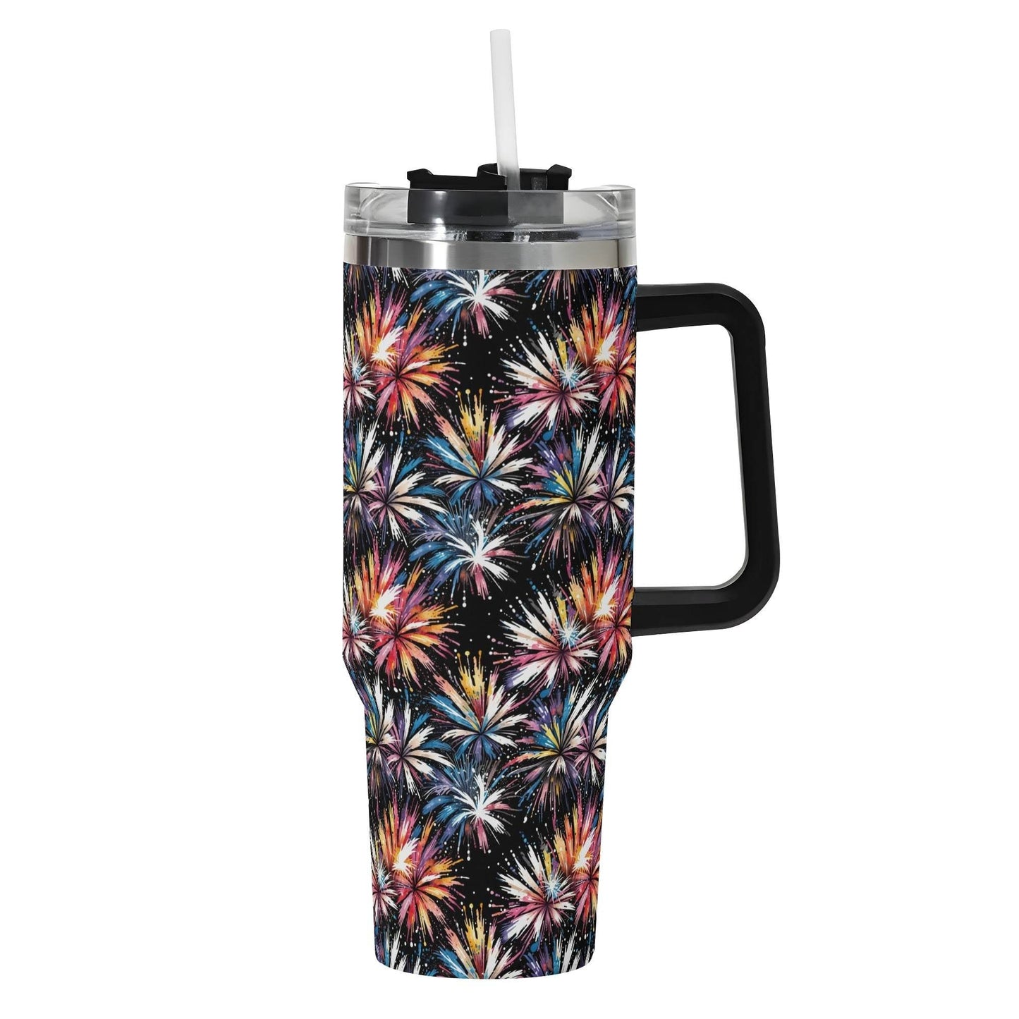 Freedom Fireworks 40oz Stainless Steel Tumbler Gift With Black Handle and Straw - DeRose Seasonal