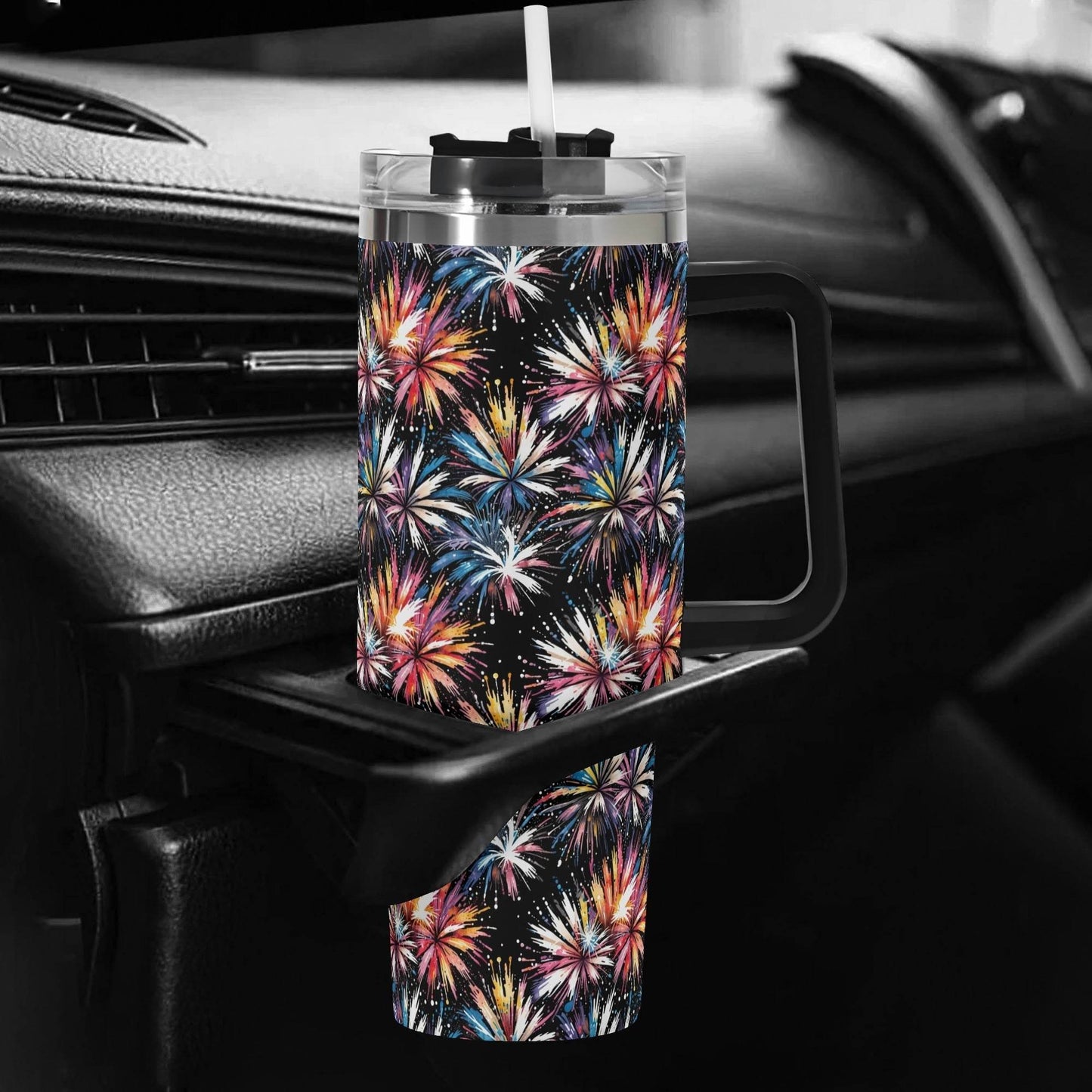 Freedom Fireworks 40oz Stainless Steel Tumbler Gift With Black Handle and Straw - DeRose Seasonal