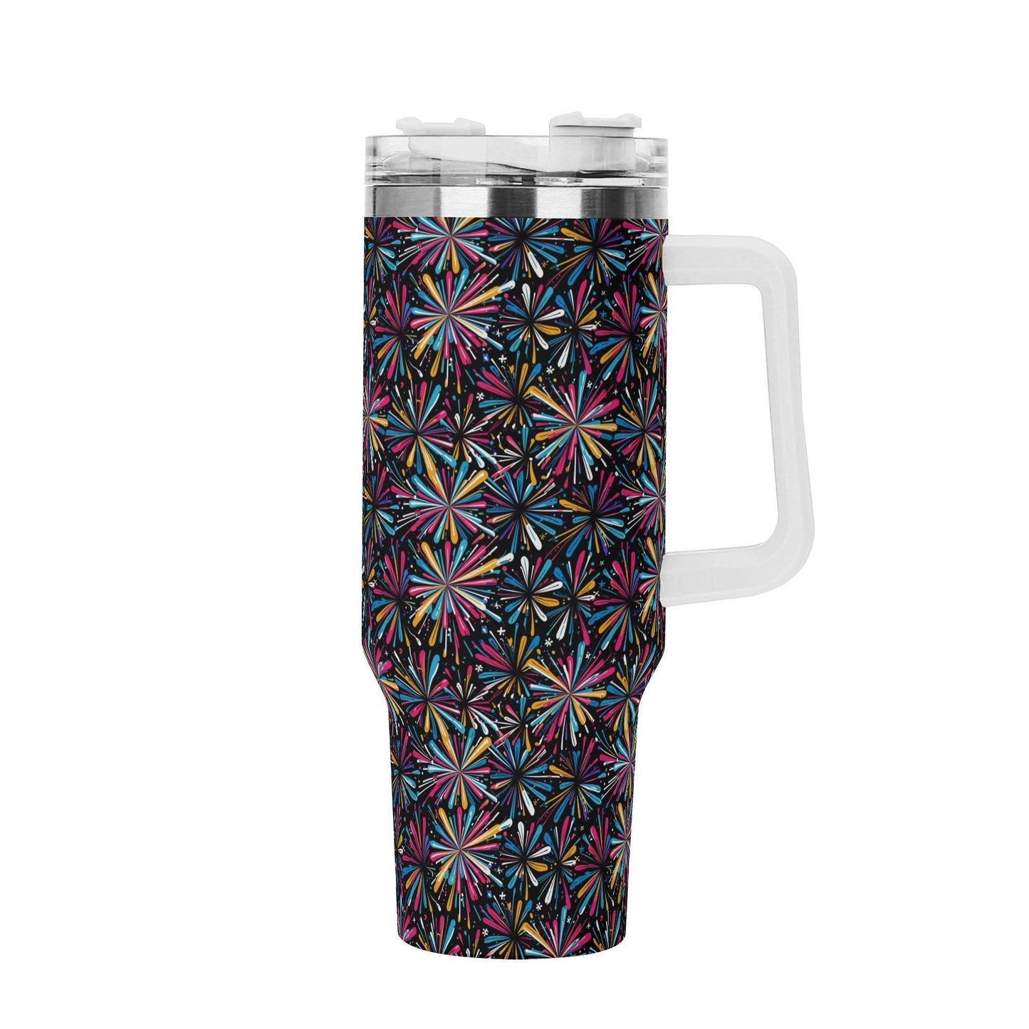 Colorful Fireworks 40oz Stainless Steel Tumbler Gift With White Handle and Straw - DeRose Seasonal