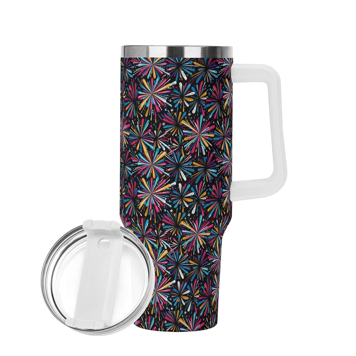 Colorful Fireworks 40oz Stainless Steel Tumbler Gift With White Handle and Straw - DeRose Seasonal