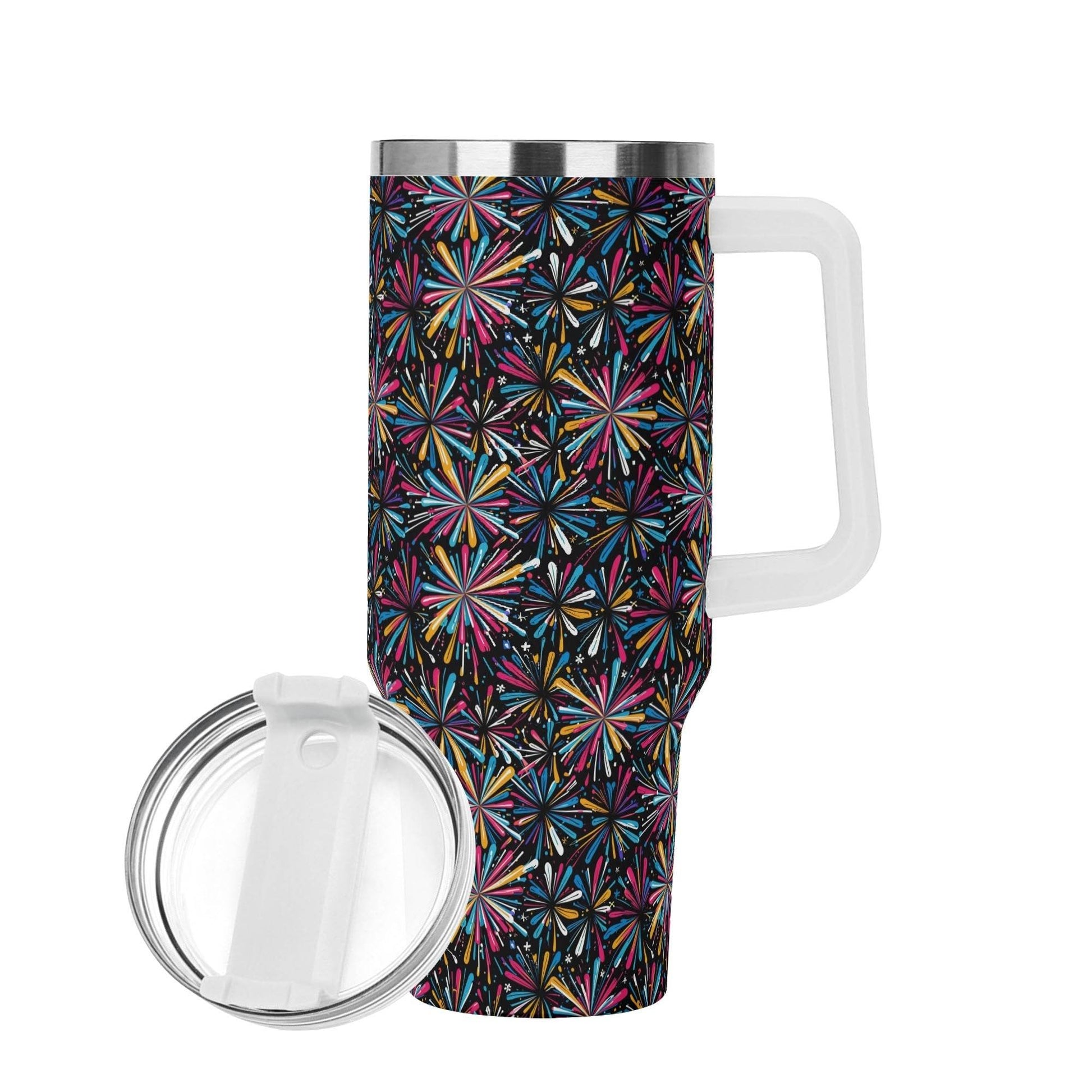 Colorful Fireworks 40oz Stainless Steel Tumbler Gift With White Handle and Straw - DeRose Seasonal