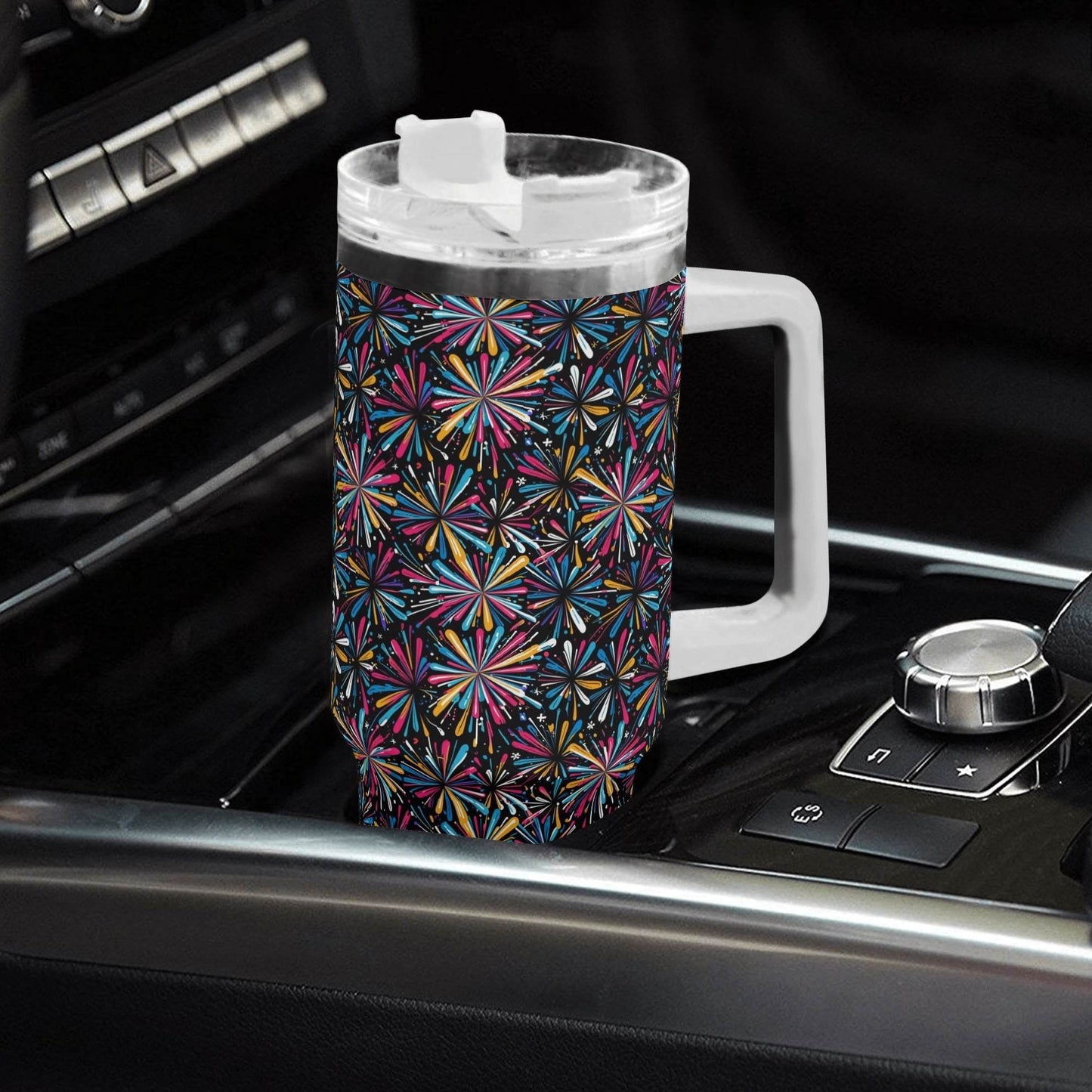 Colorful Fireworks 40oz Stainless Steel Tumbler Gift With White Handle and Straw - DeRose Seasonal