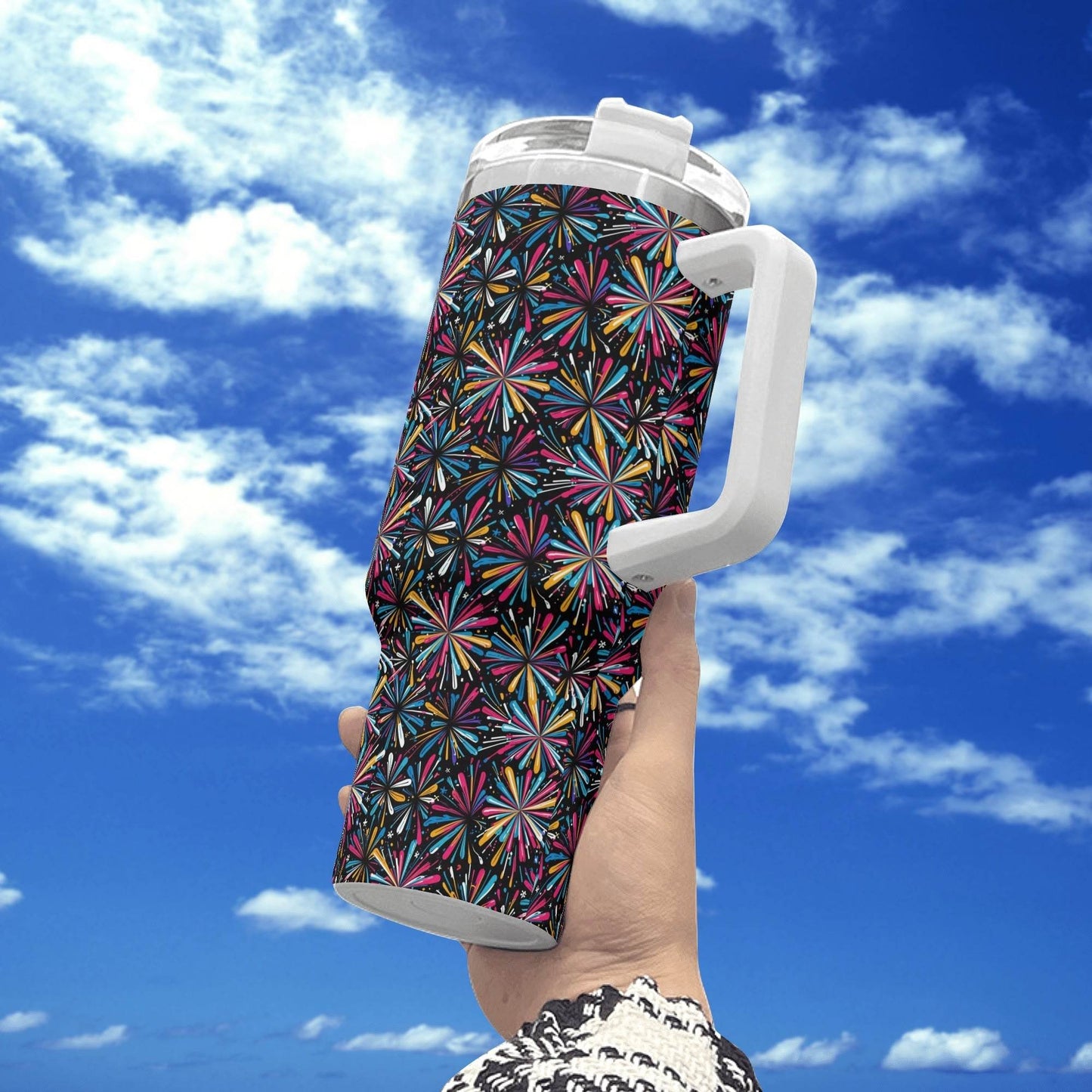 Colorful Fireworks 40oz Stainless Steel Tumbler Gift With White Handle and Straw - DeRose Seasonal